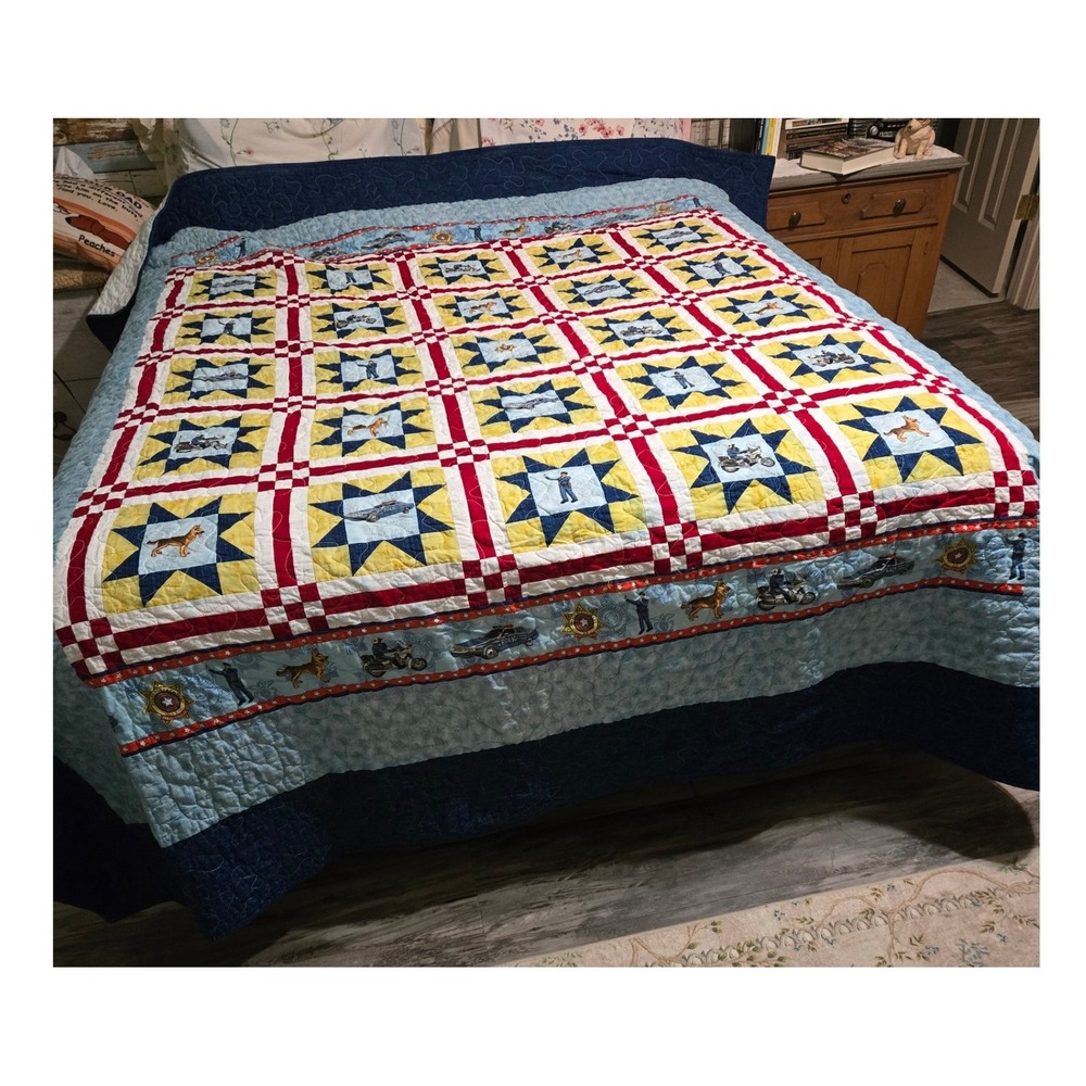 Handmade Police Theme Star Quilt Blue Red Yellow Excellent